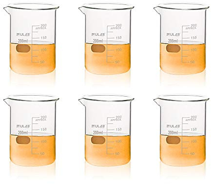 ULAB Scientific Glass Beaker Set, Vol. 200ml, 3.3 Borosilicate Griffin Low Form with Printed Graduation, Pack of 6, UBG1022