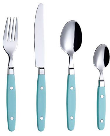 EXZACT Besteckset 24-teilig Edelstahl - mit Niet-Bastelgriffen/Besteck im Retro-Stil - 6 x Essgabeln, 6 x Essmesser, 6 x Esslöffel, 6 x Teelöffel - 6 (Türkis)