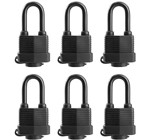 SafiSwords, Lucchetti impermeabili con chiavi uguali per uso in esterni, in resistente acciaio laminato rivestito, 3,9 cm di larghezza, lucchetto lungo, confezione da 6