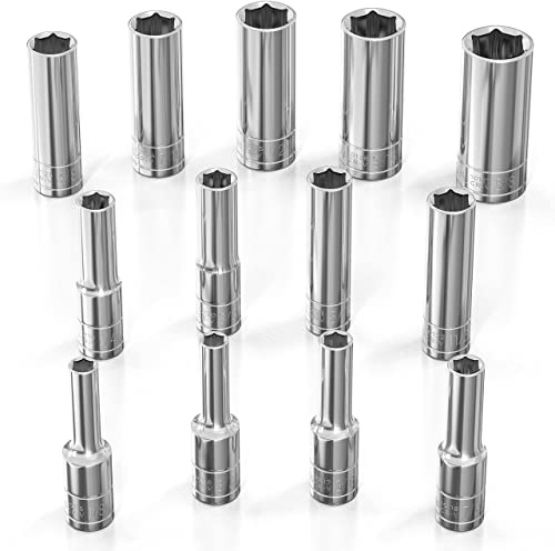 Olsa Tools SAE Deep Socket Set - 1/4-Inch Drive, 13pc - 6-Point Chrome Sockets from 1/8 to 5/8 and No Skipped Sizes - Mechanic Deep SAE Socket Set - Professional Grade Long Sockets - Part: 1329
