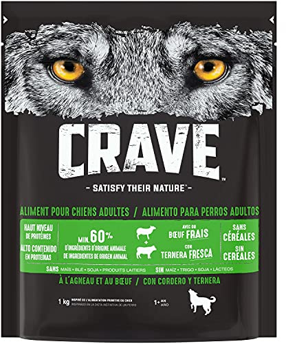 CRAVE Trockenfutter für ausgewachsene Hunde mit Lamm & Rindfleisch – 6 Beutel à 1 kg – Trockenfutter ohne Farbstoffe, Aromen oder Konservierungsstoffe, mit einem hohen Proteingehalt