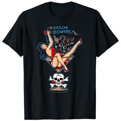 Vintage “Sailor Beware” Pin Up Girl in Martini Glass Tattoo T-Shirt