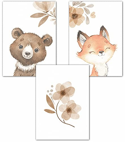 double critical Lemmami Papeterie 3er Set Boho Deko Wandbilder Kinderzimmer Babyzimmer Poster Bilder Mädchen Junge (Waldtiere Tiere Fuchs Bär)