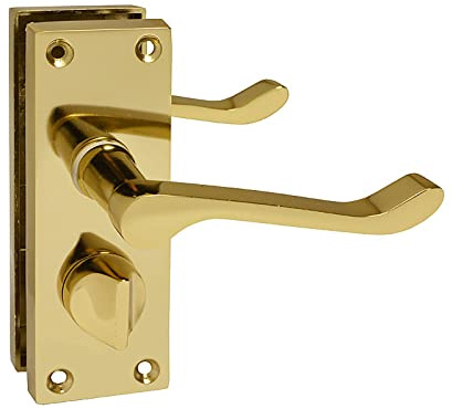 HANDLESTORE Victorian Scroll Bathroom Door Handles – Polished Brass Lever Handle with Thumbturn Lock & Backplate – Privacy Internal Door Handles with Screws