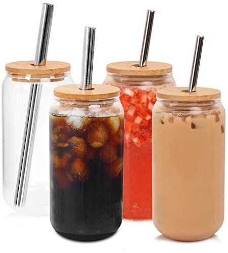 Vaso de cerveza con tapas y pajita, 4 tazas de vidrio de 20 onzas, vasos de café de vidrio con tapa de bambú, taza de café helado, vaso de vidrio en forma de lata reutilizable, tazas de Boba