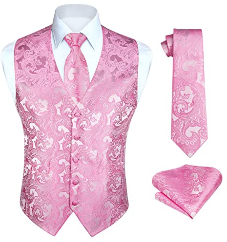 HISDEREN, chaleco rosa de Cachemira para hombre, corbata de Jacquard Floral, pañuelo cuadrado de bolsillo, chaleco de ajuste de negocios para fiesta de boda, conjunto de traje L