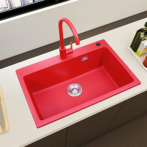 Red Granite Kitchen Sink Single ​Bowl ​ Built-in Undercounter Wash Basin Household Quartz Stone Bar Sink for Kitchen Bathroom Cloakroom Balcony Laundry(B,60x45cm)