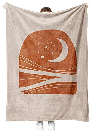 Surwin Flanelldecke Kuscheldecke Nordisches Orange Druck Weiche Warm Flauschige Mikrofaser Wohndecke, Tagesdecke, Babydecke, Sofadecke, Xmas Geschenk (Mond und Sterne,100x150cm)