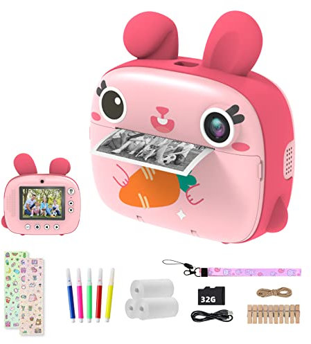 CAMCLID Appareil Photo Enfant Instantanée, 1080P Appareil Photo Numérique Enfant avec Papier d'impression & Carte 32G, 2,4 Selfie Caméra Vidéo Cadeau pour Filles Garçons 3-12 Ans (Rosa)