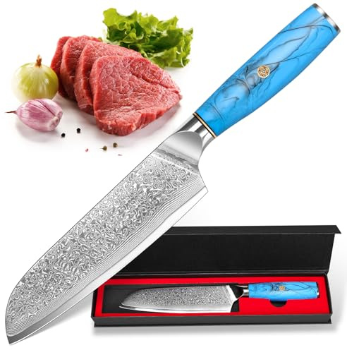 kyushublade Damascus Santoku Knife 7, 67-Layer High Carbon Stainless Steel Kitchen Knife, Blue Resin Handles, Ultra Sharp Chef's Knifes, Pro Cooking Knifes for Home Restaurant, Gift Box