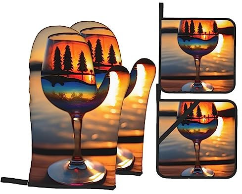 Sunset Wine Glass Heat Insulation Oven Mitts and Pot Cover Pad,4-Piece Set,for Cooking Baking Grilling