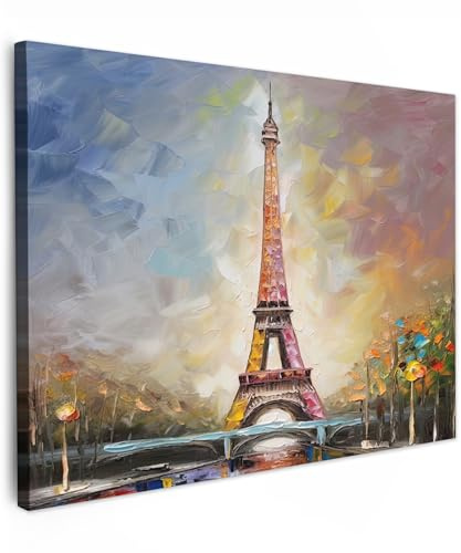MuchoWow© Wandbilder Schlafzimmer Home Deko Wohnung Bild Wohnzimmer | 40x30 cm - Fotoleinwand Wand Bilder Leinwand Wall Decor Kunstdruck - Bunt - Eiffelturm - Gemälde - Öl - Paris