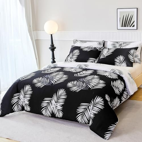 Jemiipee Set Copripiumino Reversibile Letto Matrimoniale Motivo a Foglie di Palmiro Tropicale, 1 x Copripiumino 230x260 cm e 2 x Federe 50x90 cm Completo Sacco Parure Letto Moderno Microfibra Nero