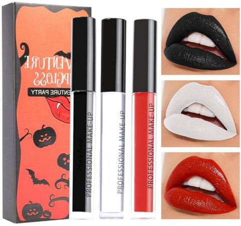 3Pcs Balck White Red Liquid Lipstick Set- Gothic Lipstick/Black Lip Stain/High Pigment Velvet Lip Gloss Lip Stick Makeup for Halloween Cosplay Party Christmas (Set A)