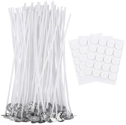 ALLAVA 50 pièces mèches de bougie pour bougies, mèches de bougie de 10 cm avec 60 pièces autocollants pour mèche de bougie, coton bio naturel, pré-ciré avec cire de soja, mèche de bougie pour la