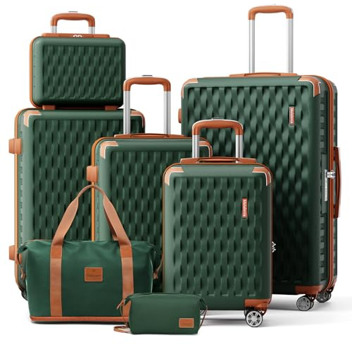 Melalenia Luggage Sets 7 Piece Hard Shell Carry on Suitcase with Spinner Wheels and TSA Lock, Lightweight Travel Duffel Bag for Women, Men, Green Brown