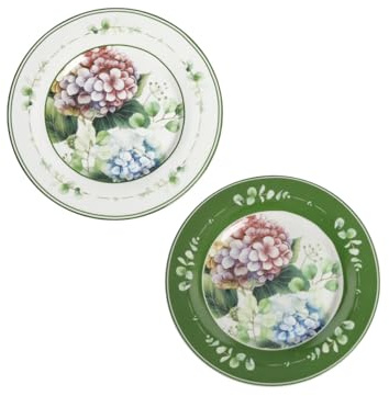 BRANDANI 51181 Piattino Flora Set 2 Pezzi Porcellana Bianco e Verde con Decorazione Floreale Ortensie