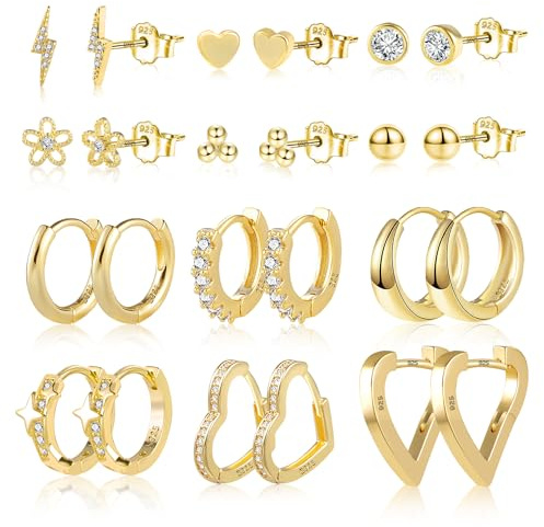 6/12 Paar Multipack Ohrringe Silber 925 Creolen Gold Ohrstecker Kleine Set | Multipack Stapelbar Ohrringe Set Damen Frau Kleine Knorpel Huggie Kreolen Creolen Eckig Oval Herz Ohrstecker mit Zirkon Stein