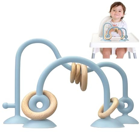 LYNSAN Juguete para Bebé con Ventosa, Juguetes de Trona Montessori, juguete Sensorial de Silicona con Anillo de Madera, Educativos Regalo para Niños y Niñas, Guardería, Hogar, Habitación de Bebé, Azul