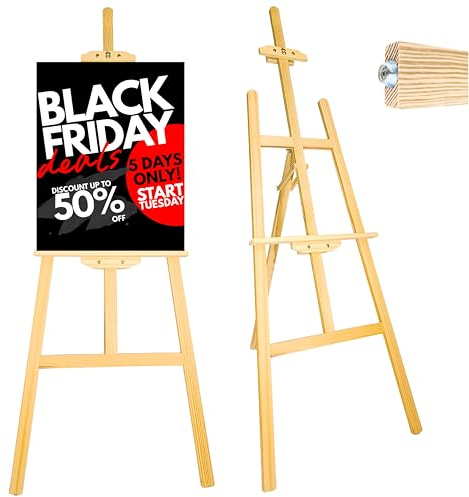 Cavalletto in legno professionale 150 cm per ospitalità, affari ed eventi. Cavalletto regolabile in altezza e pieghevole. Cavalletto pittura per tele grandi e piccole. (Legno naturale, 150 cm)