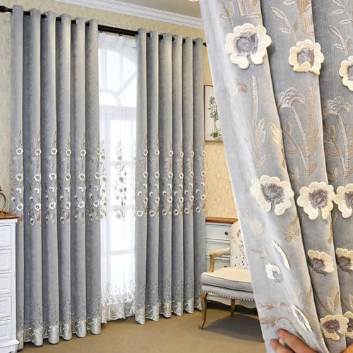 Bishilin Verdunklungsvorhänge Grau, Vorhänge Blickdicht Ösen 2 Set 86x138CM Stickerei mit Blumen Motiv Landhausstil Gardinen Verdunkelnd Wohnzimmer Jugendzimmer Schlafzimmer