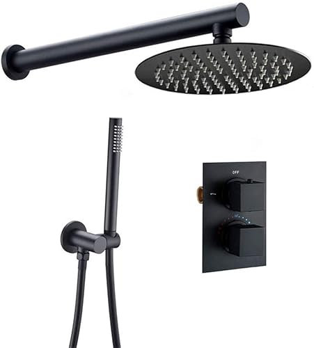 VNNHGB Messing-Badezimmer-Duschset, Regenduschen-Wasserhahn, Mattschwarz, Thermostatventil, Duschsystem, Wandmontage, 8-12 Zoll Duschkopf, 8 Zoll rundes Ventil