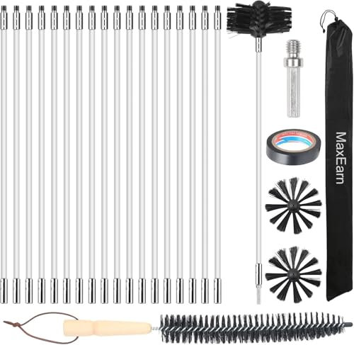 MaxEarn 24Pcs Chimney Cleaning Brush Kit with 18 Flexible Nylon Rods+ 8 Brush Head + Wood Long Brush+ Storage Bag, Duct Vent Cleaning Set, Sweep Brush Tool for Flue/Fireplace/Sewage Pipe/Fume Hood