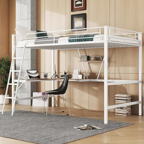 MOBETTRES Hochbett, Bettgestell Metallbett, Eisenbett, Hochbett mit L-förmigem Schreibtisch und einem Regal für Kinder, Jugendliche und Erwachsene, Ohne Matratze (Weiß)