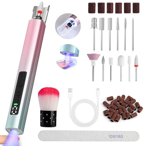 PUGTOW Electric Cordless Nail Drill, Nail File Kit with UV Light Lamp, Rechargeable Battery, and LED Light, 7+ Bits Kit for Gel, Acrylic, Dip Nails, Stylish Portable Design for Home & Salon (Gradient)