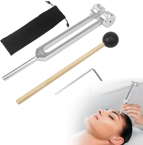 UVVRUR Stimmgabel 128 HZ Stimmgabel Neurologie Stimmgabel Therapie Stimmgabel Set mit einem Silikonhammer für Yoga, Meditation, Klangtherapie die Therapie, Chakra-Therapie, Anti-Stress (A)