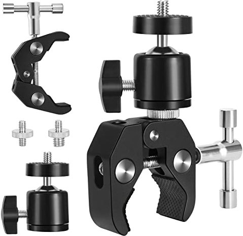 Super Klemme Stativ Set Artikuliert Kugelkopf Blitzschuh Stativkopf mit 1/4'' 3/8''Zoll Gewinde Adapter, Bohrungen Einstellbare Klemmstativ für Kameras, Flash Light, Stativ, LCD/DV Monitor
