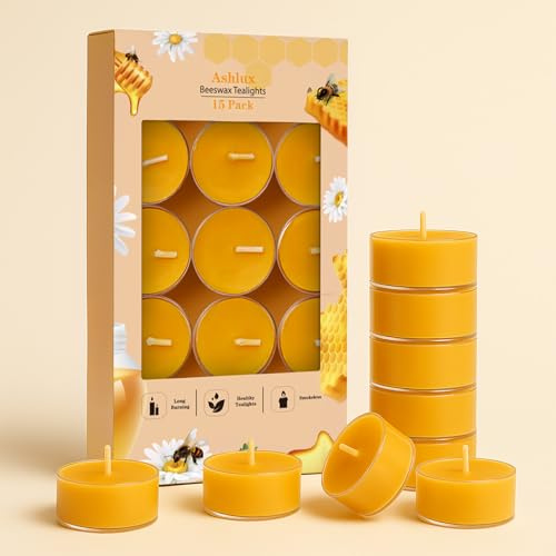 Ashlux Velas de Té de Cera de Abeja 100% Natural, 15 Unidades, 4 Horas de Combustión, Sin Perfume y Sin Humo, Para Hogar, Bodas, Navidad y Spa