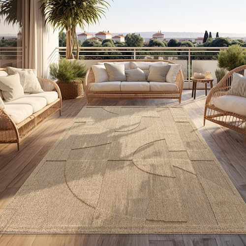 Paco Home Outdoor Teppich Wetterfest Balkon Wohnzimmer Boho Design Abstrakt Geometrisches Muster Einfarbig 3D Effekt Moderne Deko Beige, Grösse:200x280 cm