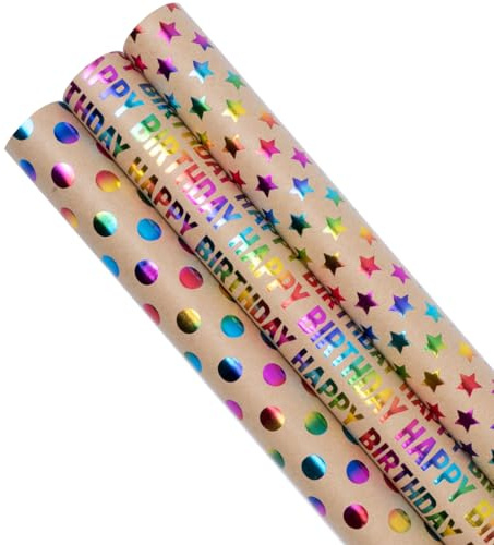 3 Rolls Birthday Gift Wrapping Paper, 43cm*3m Recyclable Kraft paper Print with Dots Star, Suitable for Birthday, Party, Wedding, Festival Gift Decorations