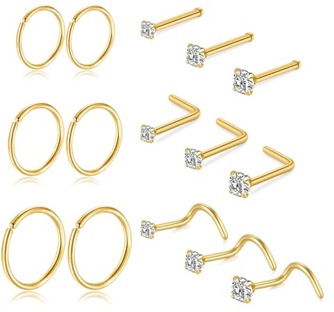 DAI JY Lot de 15 piercings de nez 20 g - Doré/argenté/noir - Titane - En acier chirurgical - En forme de L - Zircon cubique - Piercing de nez fin et hypoallergénique - Bijoux pour homme et femme