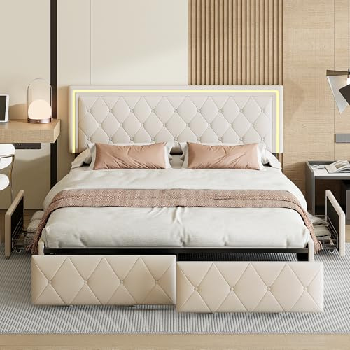 RTYUSWL Polsterbett 160 x 200 cm,Doppelbett mit LED-Kopfteil und 4 Schubladen,Bettgestell mit Verstellbares Kopfteil,Stauraumbetten Jugendbett Bettgestell,Bett mit Lattenrost