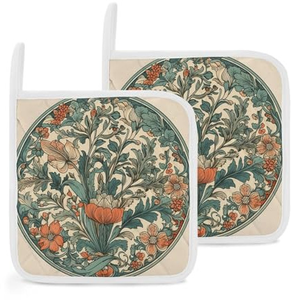Confezione da 2 presine con motivo floreale verde, resistenti al calore, spesse, con passanti per appenderli, antiscivolo, facili da pulire, piccoli cuscinetti caldi per cucina, cottura, barbecue