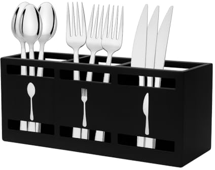 ZoeQide Soporte para utensilios de cocina de madera negra con 3 compartimentos, soporte para cubiertos y organizador de cocina con mango y almohadillas antideslizantes, almacenamiento para cucharas de