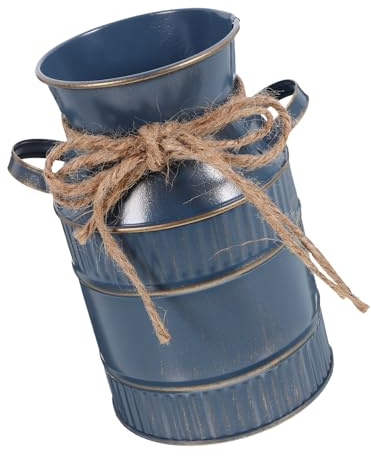 BAZEITFLOW Vintage Rustic Iron Flower Bucket Planter Double Handles Blue Retro Milk Jug Vase for Floral Arrangement Farmhouse Home Decoration