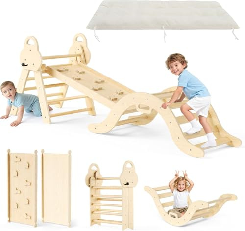 7-in-1 Montessori Indoor Play Set, Indoor Climbing Triangle, Climbing Arch with Cushions, and Slide for Children for 1-3 Years ((3-piece set - includes foam cushion - natural wood finish))