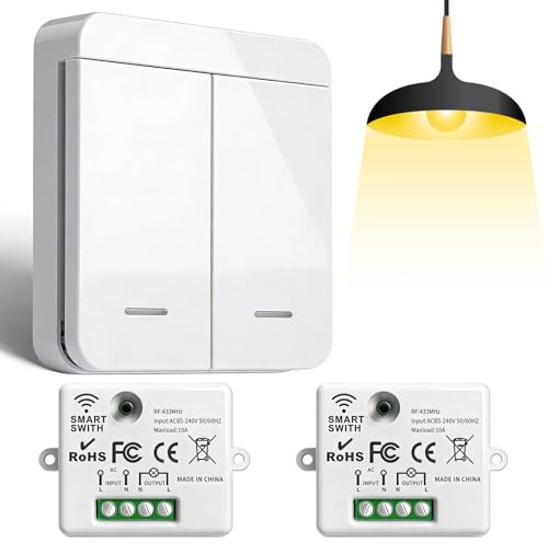 Juego de interruptores de luz inalámbricos de 230 V, sin conexión de corriente, con 2 receptores y 1 interruptor, RF 433 MHz, interruptor de luz inalámbrico para control de luz en baño y exterior