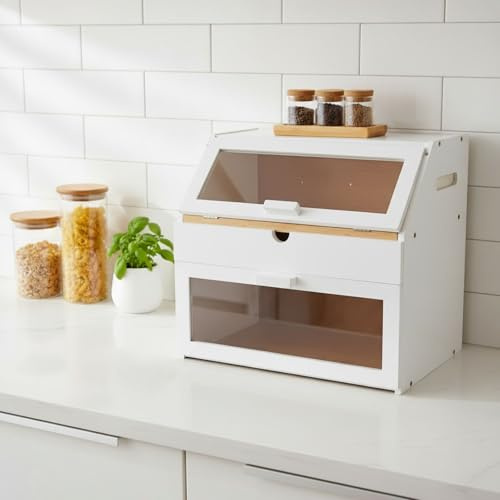 Maison Des Cadeaux Bamboo Bread Bin, 3 Compartment Double Layer Storage Box With Drawer, White and Brown