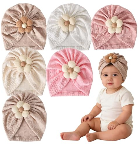 FooYee Babymössa för nyfödda, 6 stycken sjukhusmössor, babyturbanmössa med blommor, mössor baby flicka pojkar spädbarn småbarn, lämplig för alla årstider