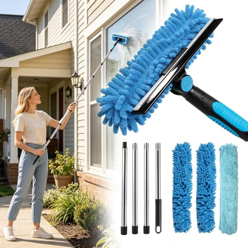 ChaneeHann 180cm Teleskop Fensterputzer mit Abzieher, 3-in-1 Fensterputzer mit Teleskopstange, Fensterabzieher Profi Set für Hochhausfenster, Spiegel, Auto Fenster, Glasduschen und Klimaanlage