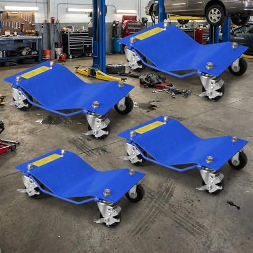 Garvee Car Wheel Dolly Set of 4, 1360 KG Tire Wheel Dollies with Lockable Casters & Handle, 4mm Thick Steel Heavy Duty Vehicle Mover Tire Skates for Cars Trucks Motorcycles Auto Repair Moving -Blue