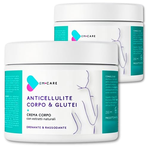 EM CARE Crema Anticellulite Forte Drenante Rassodante, Confezione 2x250ml | Trattamento 500ml per cosce, glutei e pancia. Formula con caffeina, guaranà e ananas. Made in Italy