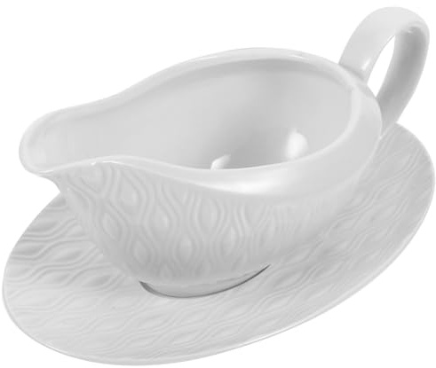 ELEOUTI Salsera de Cerámica de Color Blanco 255 Ml con Asa y Platillo Jarra para Salsa y Crema Recipiente para Salsa Versátil para Cocina y Restaurante Adecuado para Servir Ensaladas