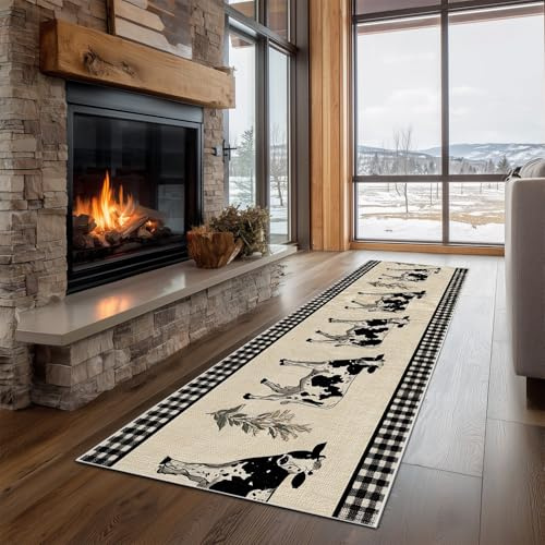 Dppyuxa Küchenteppich Teppiche Flur Bauernhof Kuh Muster, Zimmer Teppich | Läufer für Küche Wohnzimmer Eingangsbereich, Waschbar rutschfest Weich Niedrigflor Landhaus Schwarz Creme 60x120 cm