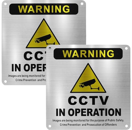 2 Pack 24 HR CCTV in Operation Sign,15cm x 15cm Self Adhesivecctv Sticker Outdoor Aluminum with Screws,CCTV Warning Signs Brushed Aluminum for Store, Home, Office, Warehouse