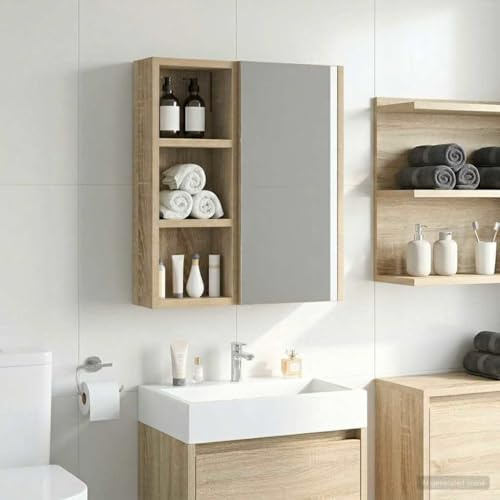 YunCangg Armoire murale de salle de bain en chêne Sonoma avec 2 étagères 20 x 10 x 50 cm, étagère peu encombrante pour salle de bain, meuble de rangement pour lavabo, WC d'invités, rangement et